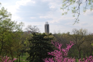 Campanile on the campus of the University of Kansas, surrounded by trees where once there were none. Photo by Cathy Sherman.