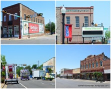 Buildings around the Titus County Courthouse in Mount Pleasant, Texas, a Texas Main Street City. In the lower left photograph, carnival rides are loaded, after the Cinco de Mayo Festival on the Square.